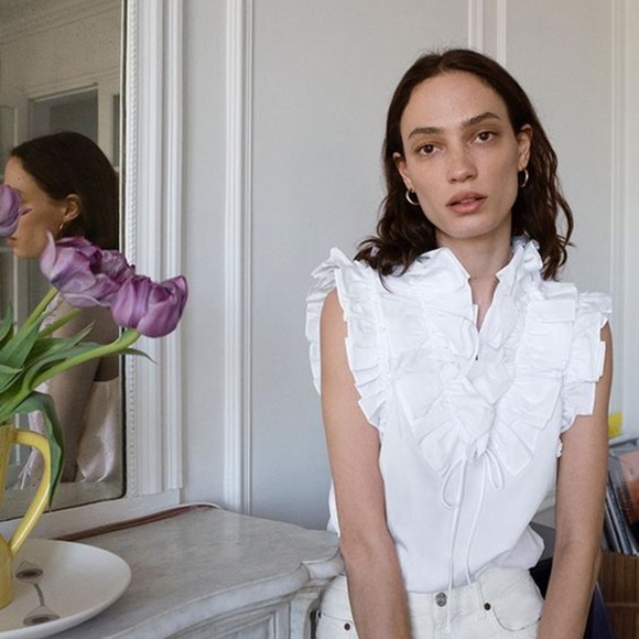 Zara Tops - Zara White Ruffled Poplin Sleeveless Shirt- Medium